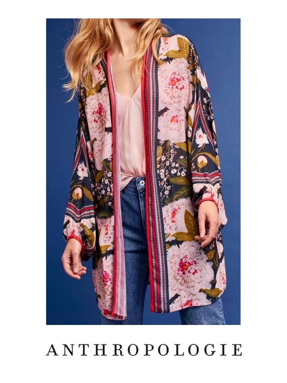 Anthropologie - Blank London - Floral Peony Kimono - Black Pink Floral -One Size